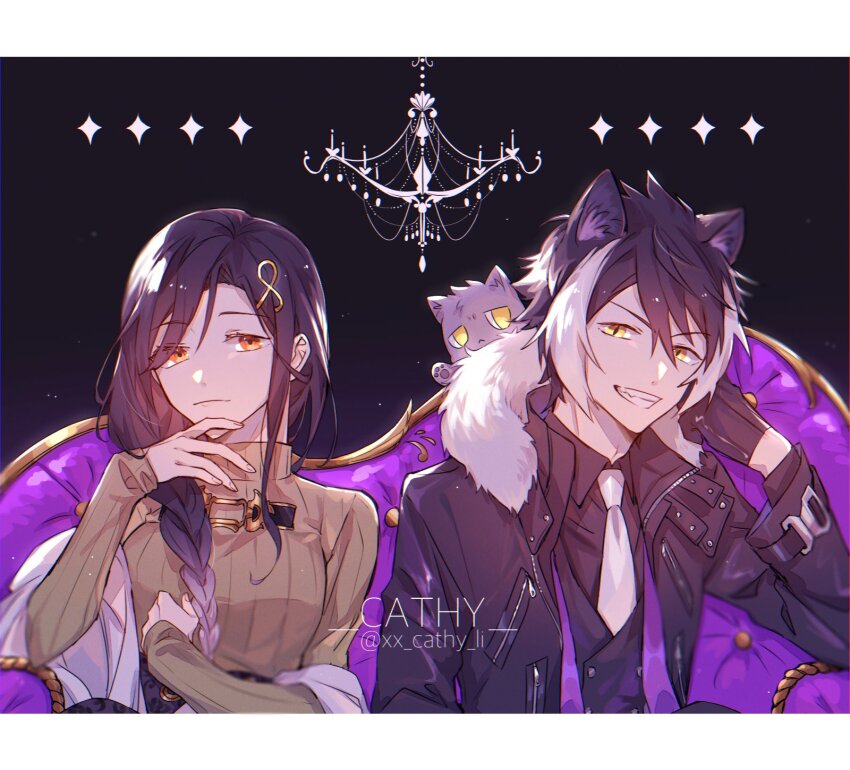 1boy, 1girl, animal, animal_ears, animal_on_shoulder, artist_name, black_background, black_coat