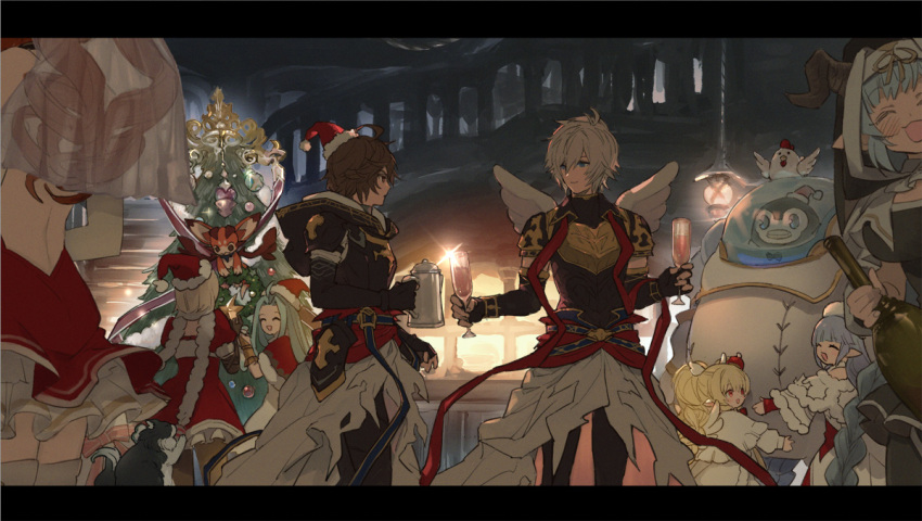 2boys, 6+girls, ^_^, anthuria, anthuria_(holiday), armor, bird, black_gloves, black_pants, blonde_hair, blue_hair, blue_headwear, blush, bottle, breastplate, brown_hair, capelet, champagne_flute, chicken, christmas, christmas_tree, closed_eyes, coffee_pot, cup, djeeta_(granblue_fantasy), dragon, dress, drinking_glass, elbow_gloves, ewiyar_(granblue_fantasy), fingerless_gloves, glint, gloves, granblue_fantasy, hanging_lantern, hat, holding, holding_bottle, holding_cup, horns, hug, iwashi_(morpho000), lamretta, letterboxed, lily_(granblue_fantasy), long_hair, lucio_(granblue_fantasy), lyria_(granblue_fantasy), mahira_(granblue_fantasy), multiple_boys, multiple_girls, outdoors, pants, pengy_(granblue_fantasy), red_dress, red_hair, robot, sandalphon_(granblue_fantasy), santa_costume, santa_hat, short_hair, standing, veil, vyrn_(granblue_fantasy), waist_cape, white_dress, white_hair, white_headwear, wings