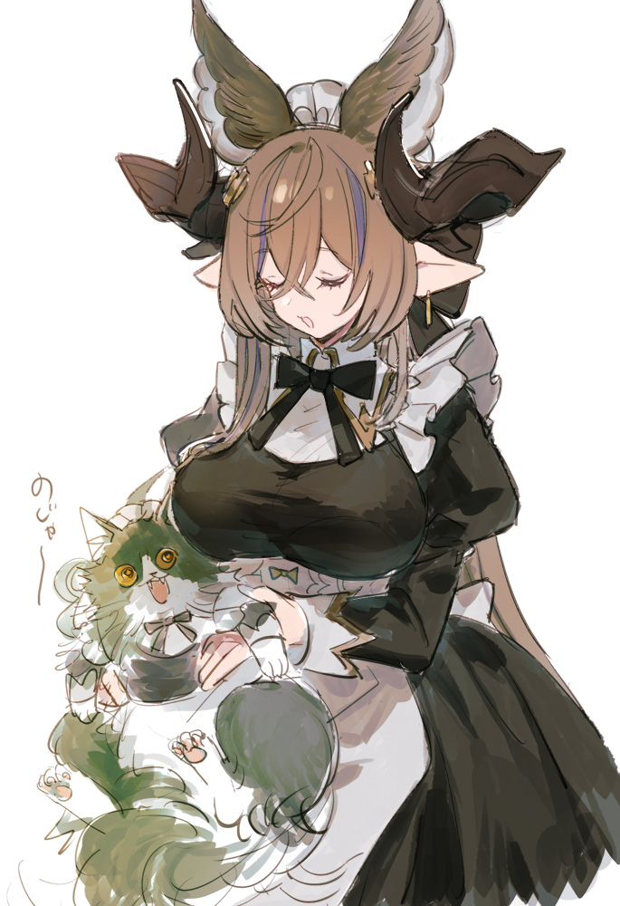 1girl, animal, animal_ears, apron, black_bow, black_bowtie, black_dress, bow, bowtie, breasts, brown_hair, cat, closed_eyes, dress, earrings, ewiyar_(granblue_fantasy), galleon_(granblue_fantasy), granblue_fantasy, holding, holding_animal, horns, iwashi_(morpho000), jewelry, juliet_sleeves, large_breasts, long_hair, long_sleeves, multicolored_hair, pointy_ears, puffy_sleeves, sidelocks, smile, streaked_hair, upper_body, waist_apron, white_background