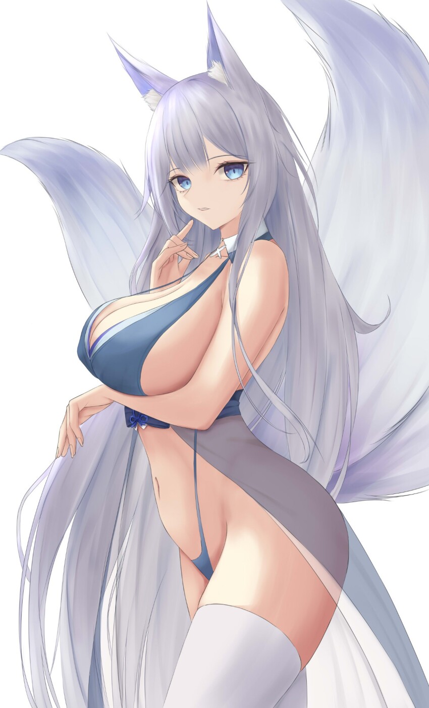 1girl, adapted_costume, animal_ear_fluff, animal_ears, arm_under_breasts, azur_lane, bikini, blue_eyes, breasts, covered_erect_nipples, fox_ears, grey_hair, highres, huge_breasts, kdkaikai, kitsune, large_tail, long_hair, looking_at_viewer, multiple_tails, navel, official_alternate_costume, revealing_clothes, see-through_silhouette, shinano_(azur_lane), shinano_(dreams_of_the_hazy_moon)_(azur_lane), simple_background, solo, standing, swimsuit, tail, thighhighs, very_long_hair, white_background, white_thighhighs