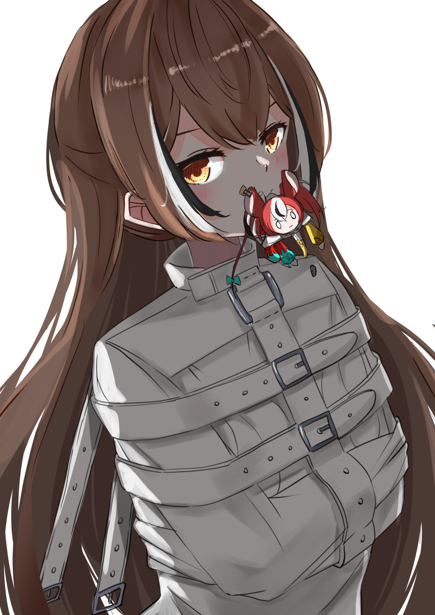 absurdres, alternate_costume, animal_ears, backlighting, black_hair, brown_eyes, brown_hair, crossed_bangs, detached_sleeves, enochharbour, hakos_baelz, highres, hololive, hololive_english, long_hair, long_sleeves, looking_at_viewer, mini_person, minigirl, mouse_ears, mouse_girl, mouse_tail, mouth_hold, multicolored_hair, nanashi_mumei, red_hair, size_difference, straitjacket, streaked_hair, tail, twintails, very_long_hair, virtual_youtuber, white_hair