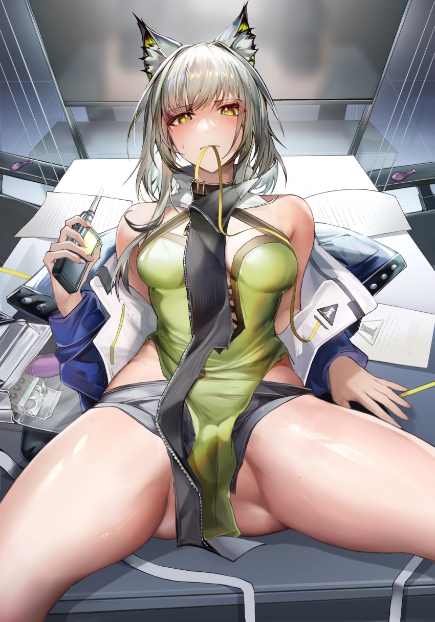 1girl, absurdres, alternate_costume, animal_ears, arknights, arms_behind_back, ass, bare_legs, bare_shoulders, black_collar, blush, breasts, cat_ears, cat_girl, center_opening, clothes_pull, coat, collar, cross-laced_clothes, cross-laced_dress, dress, embarrassed, gluteal_fold, green_dress, green_eyes, green_hair, highres, jacket, jacket_pull, kal'tsit_(arknights), kal'tsit_(remnant)_(arknights), legs, long_hair, lying, medium_breasts, medium_hair, mouth_hold, off_shoulder, on_back, open_clothes, open_coat, solo, spread_legs, tabayashi, thighs