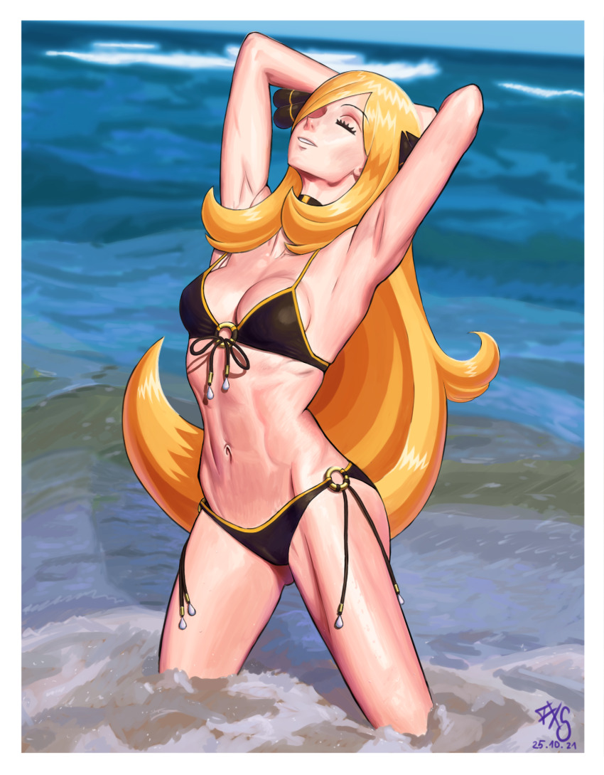 1girl, armpits, arms_behind_head, bare_arms, bare_legs, bikini, black_bikini, blonde_hair