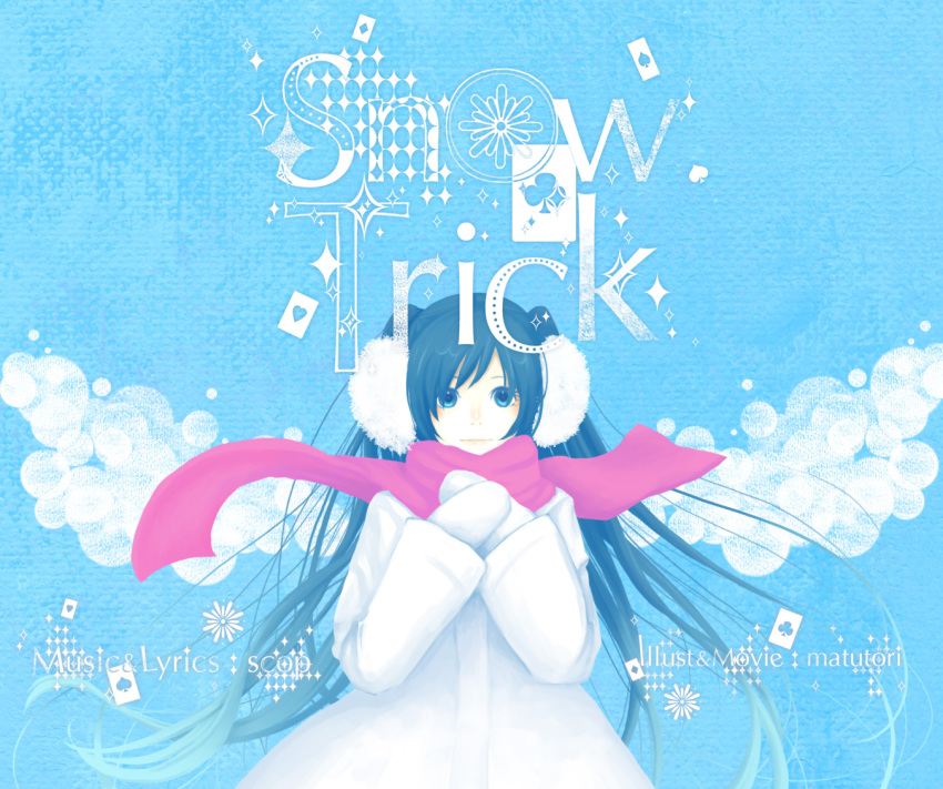 1girl, bad_id, bad_pixiv_id, blue_eyes, blue_hair, blue_theme, card, coat, earmuffs, english_text, female_focus, floating_card, flower, hands_on_own_chest, hatsune_miku, long_hair, matching_hair/eyes, mittens, onohana, own_hands_together, red_scarf, scarf, snow_trick_(vocaloid), solo, twintails, vocaloid, winter