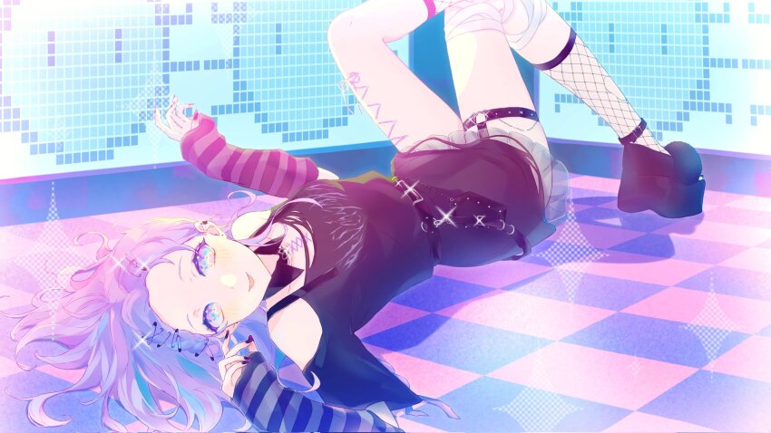 1girl, amiya_aranha, amiya_aranha_(2nd_costume), black_shirt, black_skirt, blush, checkered_floor, clothing_cutout, collarbone, detached_collar, detached_sleeves, forehead, garter_straps, head_tilt, highres, indie_virtual_youtuber, kuro_igashi, long_hair, lying, o-ring, o-ring_thigh_strap, official_alternate_costume, on_back, platform_footwear, purple_hair, shirt, shoulder_cutout, skirt, sleeves_past_wrists, smile, solo, striped_sleeves, thigh_strap, tongue, tongue_out, virtual_youtuber