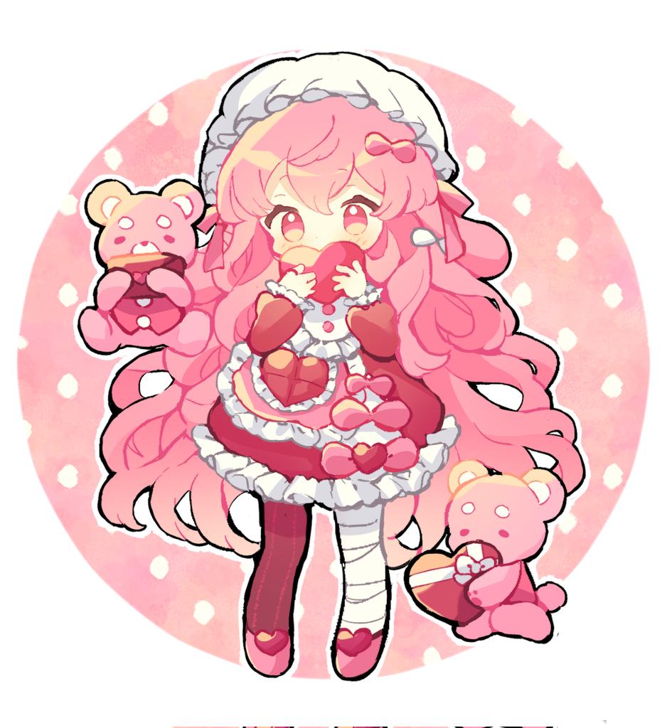 1girl, apron, artist_collaboration, bow, box, chibi, colorized, commentary, dress, english_commentary, frilled_dress, frills, hair_between_eyes, heart, heart-shaped_box, kuro_igashi, long_hair, looking_at_viewer, milkyway080, original, pantyhose, pink_bow, pink_eyes, pink_hair, pink_shoes, red_dress, red_pantyhose, shoes, single_leg_pantyhose, solo, stuffed_animal, stuffed_toy, teddy_bear, very_long_hair, white_headwear