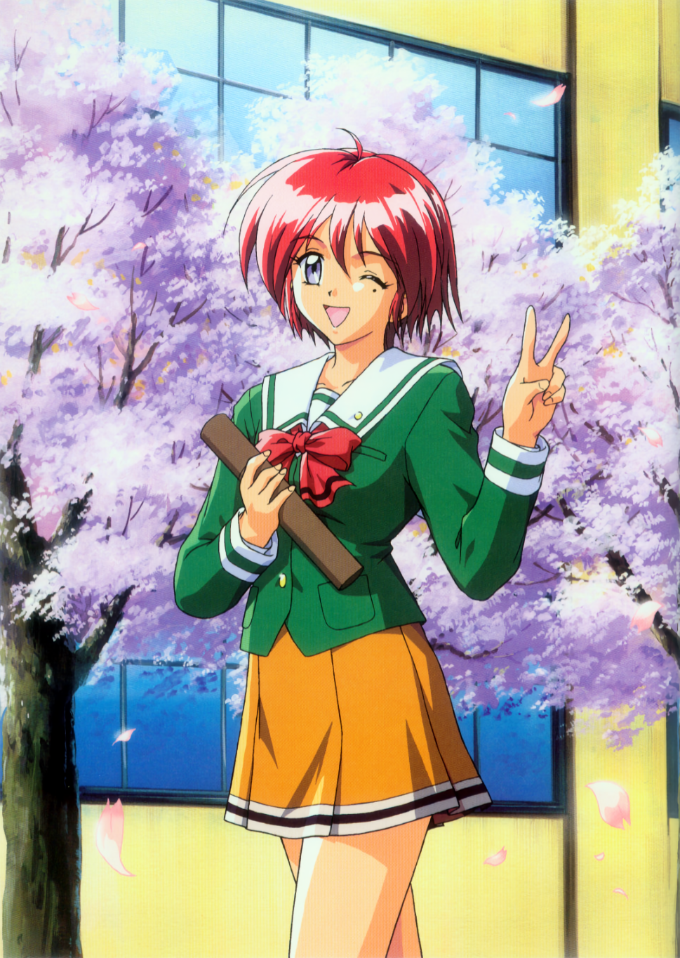 1990s_(style), 1girl, ;d, blue_eyes, bow, cherry_blossoms, diploma, green_shirt