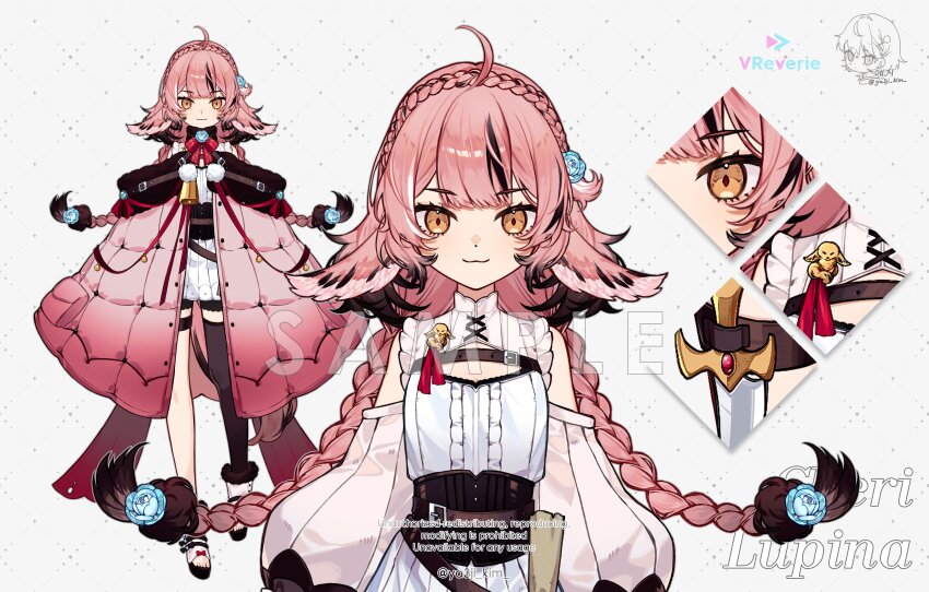 1girl, absurdres, ahoge, black_corset, black_hair, braid, cheri_lupina, commentary, corset, detached_sleeves, english_commentary, french_braid, highres, long_hair, multicolored_hair, official_art, pink_hair, smile, streaked_hair, twin_braids, virtual_youtuber, vreverie, white_sleeves, yaeji_(ya3ji_kim), yellow_eyes