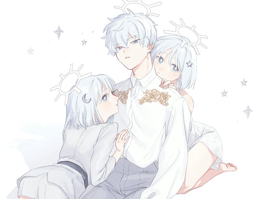 1boy, 2girls, bare_shoulders, barefoot, behind_another, belt, black_belt, blazer