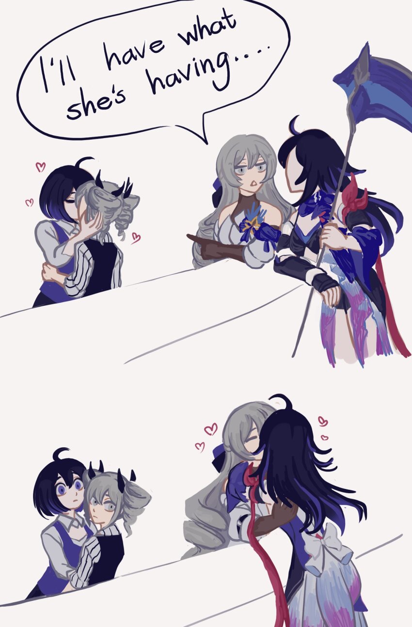 4girls, ahoge, arm_scarf, arm_support, bare_shoulders, blue_eyes, blue_hair, blue_scarf