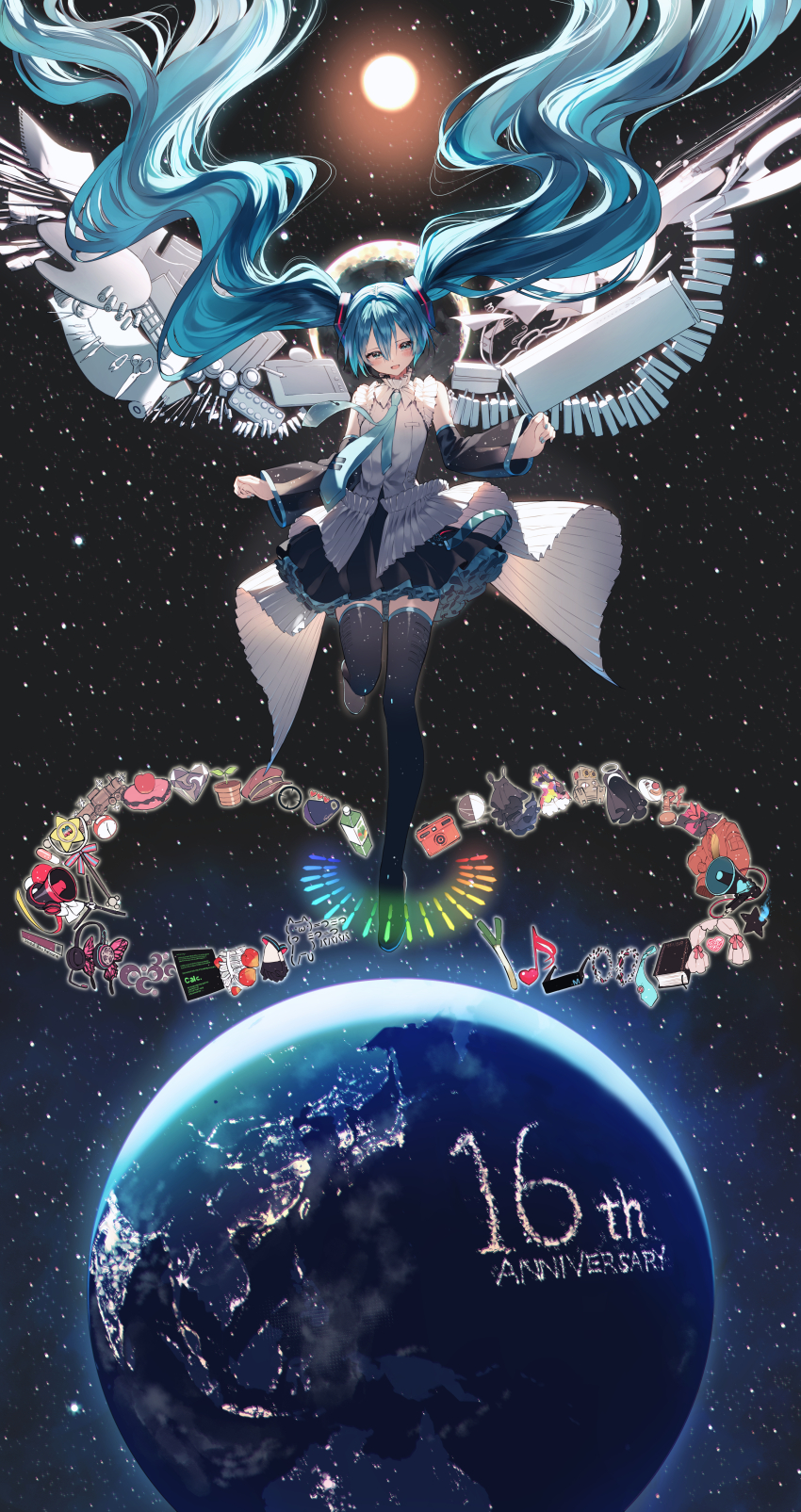 1girl, 39_(vocaloid), :d, absurdly_long_hair, absurdres, anniversary, annotation_request, black_boots, black_rock_shooter, black_skirt, black_sleeves, blue_eyes, blue_hair, blue_nails, blue_necktie, boots, calc._(vocaloid), commentary_request, detached_sleeves, earth_(planet), ghost_rule_(vocaloid), hair_between_eyes, hand_in_hand_(vocaloid), hatsune_miku, hatsune_miku_happy_16th_birthday_-dear_creators-, hatsune_miku_no_shoushitsu_(vocaloid), headset, hello_planet_(vocaloid), hibana_(vocaloid), highres, ievan_polkka_(vocaloid), kamippoina_(vocaloid), karakuri_pierrot_(vocaloid), koi_wa_sensou_(vocaloid), long_hair, long_sleeves, magical_mirai_(vocaloid), magical_mirai_miku, magical_mirai_miku_(2018), magical_mirai_miku_(2022), magnet_(vocaloid), melt_(vocaloid), miku_miku_ni_shite_ageru_(vocaloid), nail_polish, necktie, odds_&amp;_ends_(vocaloid), open_mouth, otome_kaibou_(vocaloid), partially_annotated, pentagon_(railgun_ky1206), planet, pleated_skirt, poppippoo_(vocaloid), ren'ai_saiban_(vocaloid), rolling_girl_(vocaloid), romeo_to_cinderella_(vocaloid), see-through_clothes, senbon-zakura_(vocaloid), shinkai_shoujo_(vocaloid), shirt, skirt, sky, sleeveless, sleeveless_shirt, smile, solo, song_request, songover, space, standing, standing_on_one_leg, star_(sky), starry_sky, sun, suna_no_wakusei_(vocaloid), tell_your_world_(vocaloid), thigh_boots, tie_clip, tokumei_m_(vocaloid), twintails, unknown_mother_goose_(vocaloid), ura-omote_lovers_(vocaloid), vampire_(vocaloid), very_long_hair, vocaloid, white_shirt, wide_sleeves, world_is_mine_(vocaloid)