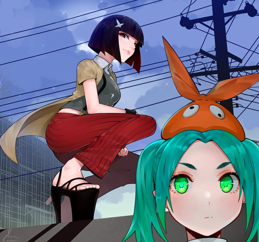 2girls, absurdres, aqua_hair, black_footwear, black_hair, blue_sky, blunt_bangs, blush