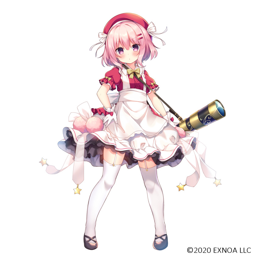 1girl, apron, beret, black_shoes, blush, bow, character_request, closed_mouth