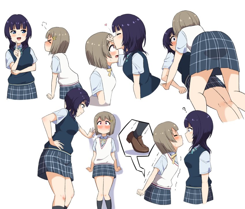 >_<, 2girls, ?, all_fours, asaka_karin, assertive_female, blue_eyes, blue_hair