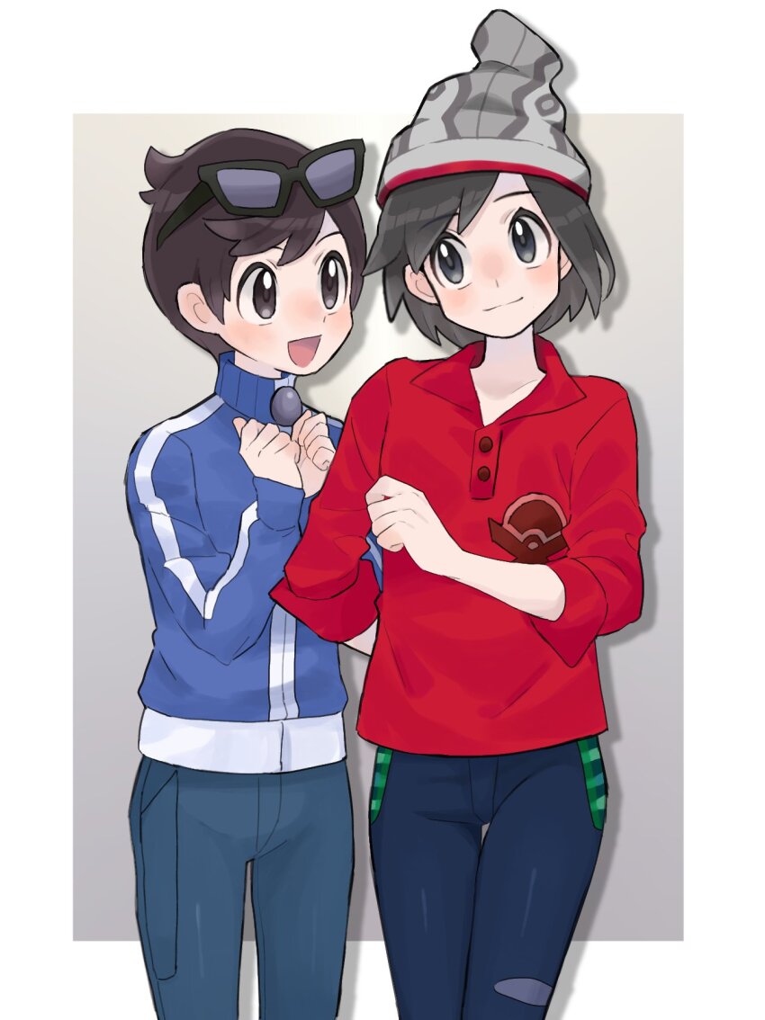 2boys, beanie, black-framed_eyewear, blue_jacket, border, brown_hair, buttons, calem_(pokemon)