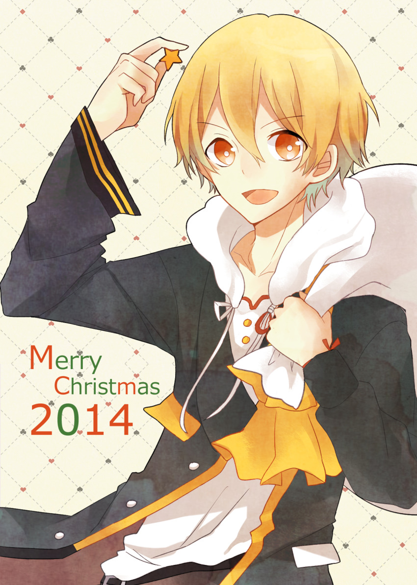 1boy, 2014, :d, argyle_background, argyle_clothes, asymmetrical_sleeves, black_jacket, blonde_hair