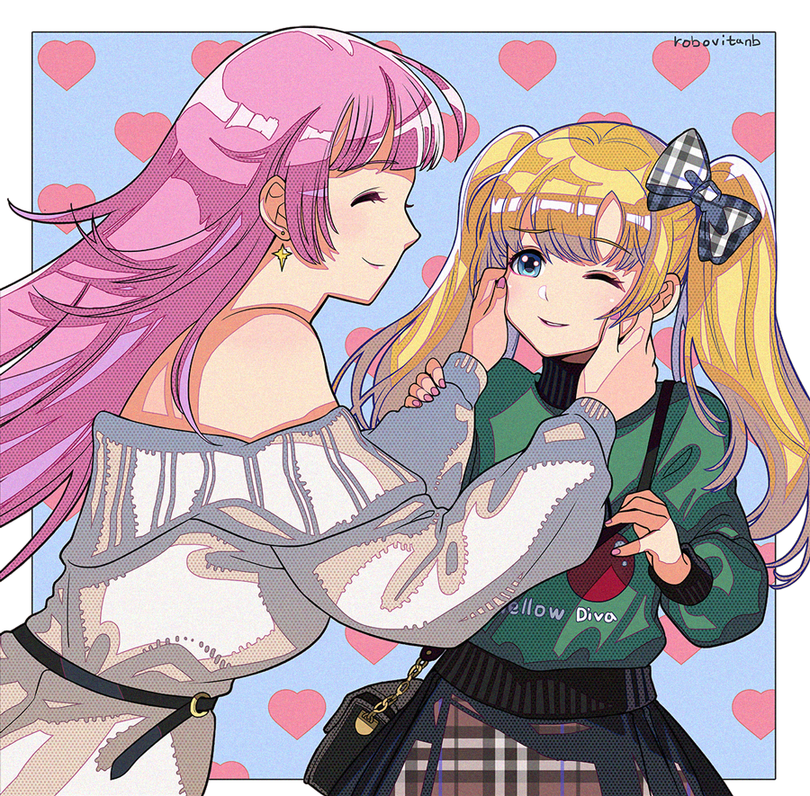 2girls, another_eden, artist_name, bag, bare_shoulders, blonde_hair, bow, ciel_(another_eden), closed_mouth, earrings, english_text, hair_bow, jewelry, long_hair, multiple_girls, one_eye_closed, open_mouth, pink_hair, shannon_(another_eden), shinwoo_choi, shoulder_bag, skirt, smile, twintails, twitter_username