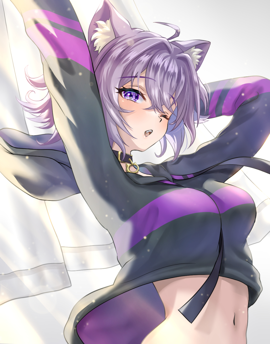 1girl, ahoge, animal_collar, animal_ear_fluff, animal_ears, arms_up, belt_collar, black_collar, black_hood, black_hoodie, breasts, cat_ears, cat_girl, collar, cropped_hoodie, fang, hololive, hood, hood_down, hoodie, large_breasts, looking_at_viewer, medium_hair, midriff, navel, nekomata_okayu, nekomata_okayu_(1st_costume), one_eye_closed, open_mouth, purple_eyes, purple_hair, rainbow--chaser, solo, teeth, upper_teeth_only, virtual_youtuber