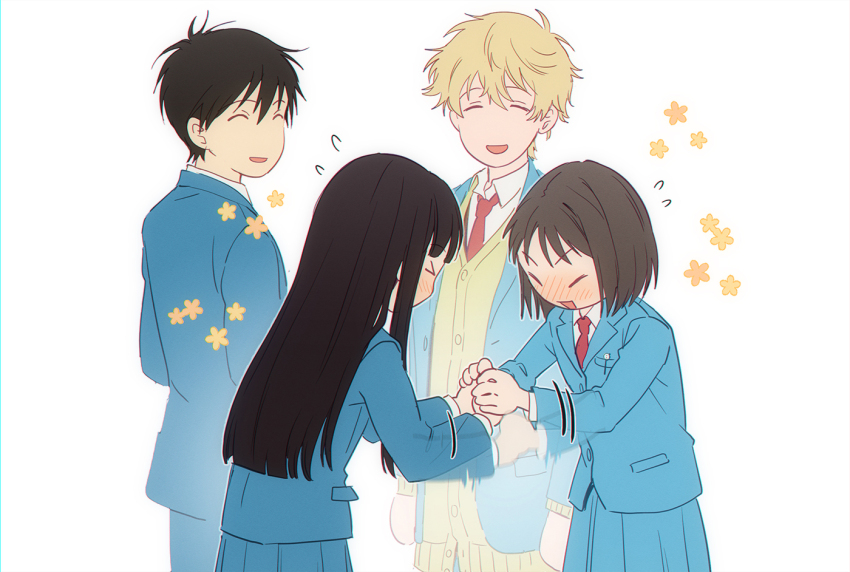 2boys, 2girls, black_hair, blazer, blonde_hair, blue_jacket, blunt_bangs, blush