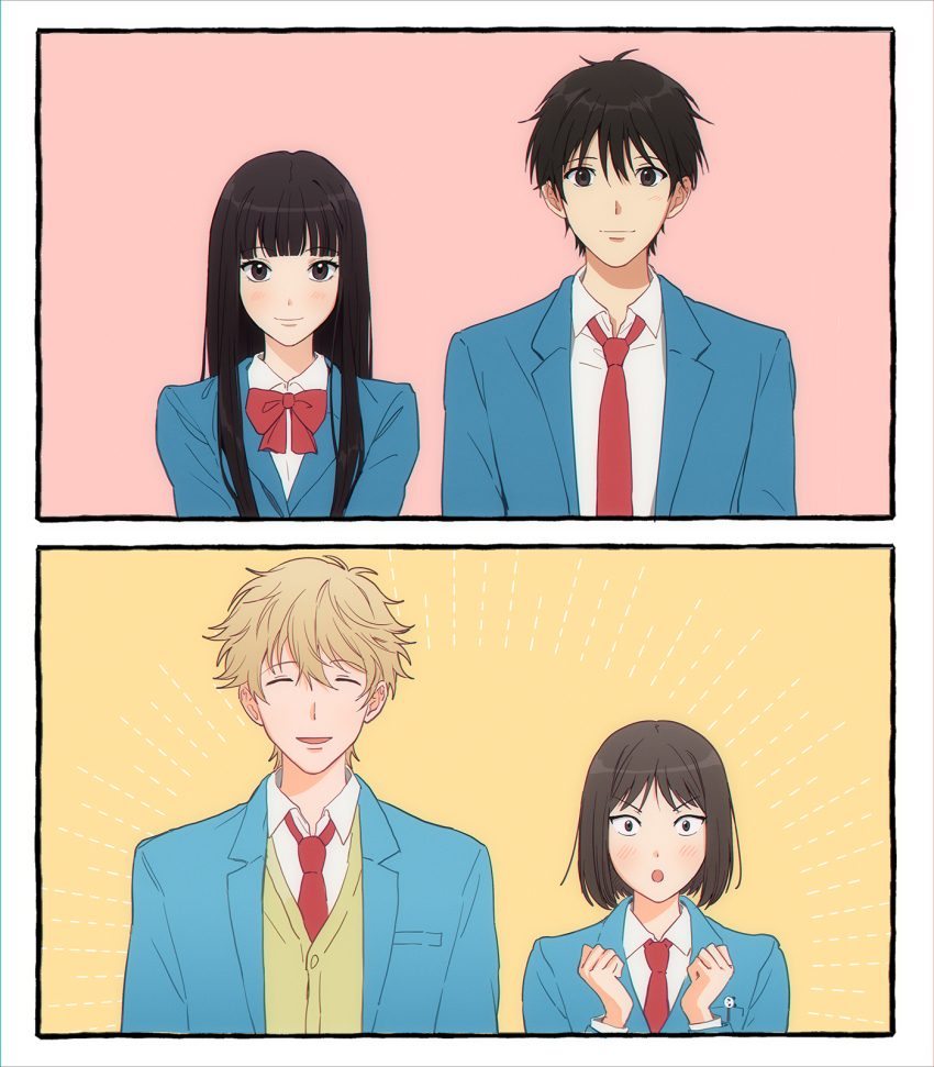 2boys, 2girls, 2koma, black_eyes, black_hair, blazer, blonde_hair, blue_jacket