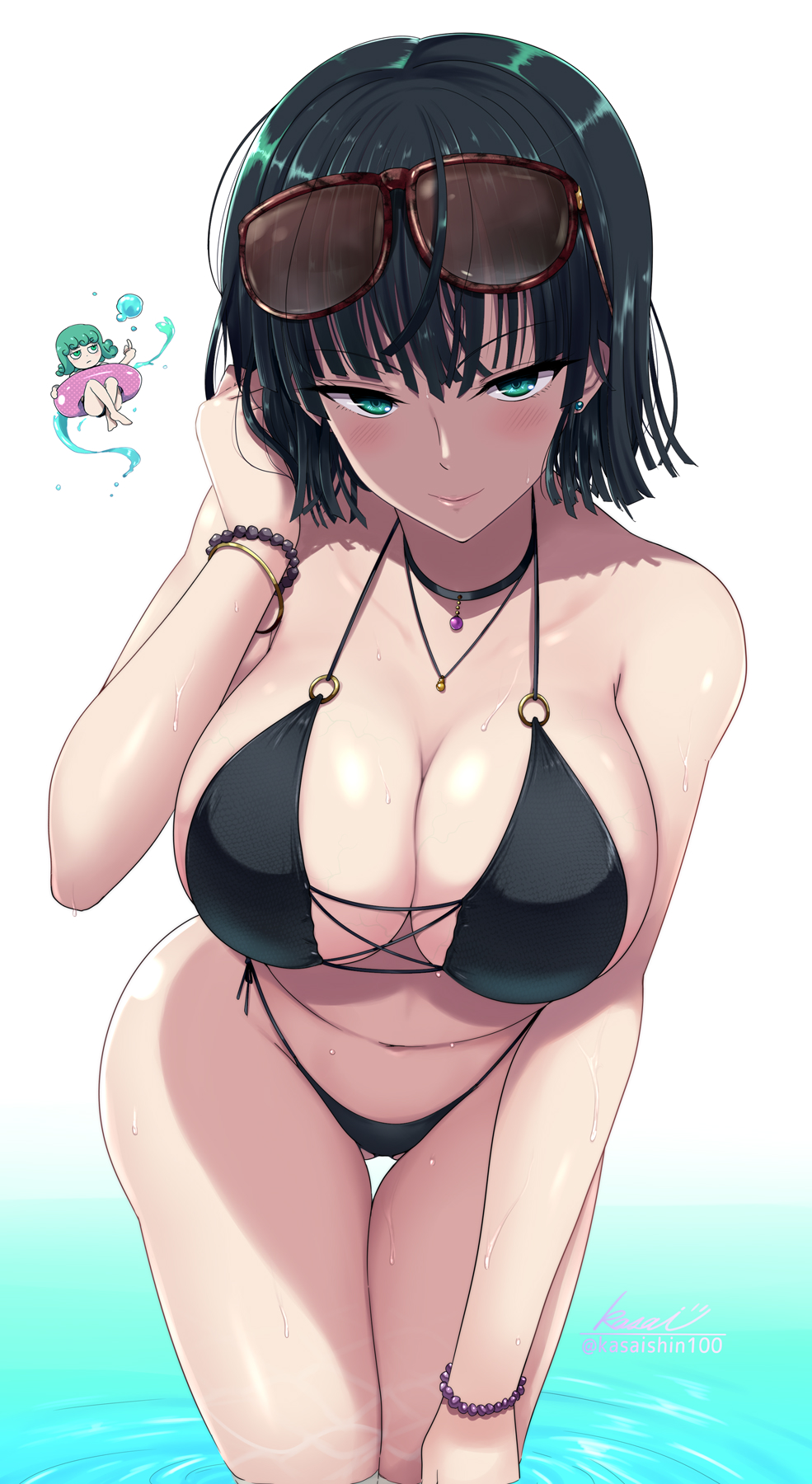 2girls, bare_shoulders, bikini, black_hair, blush, bracelet, breasts, choker