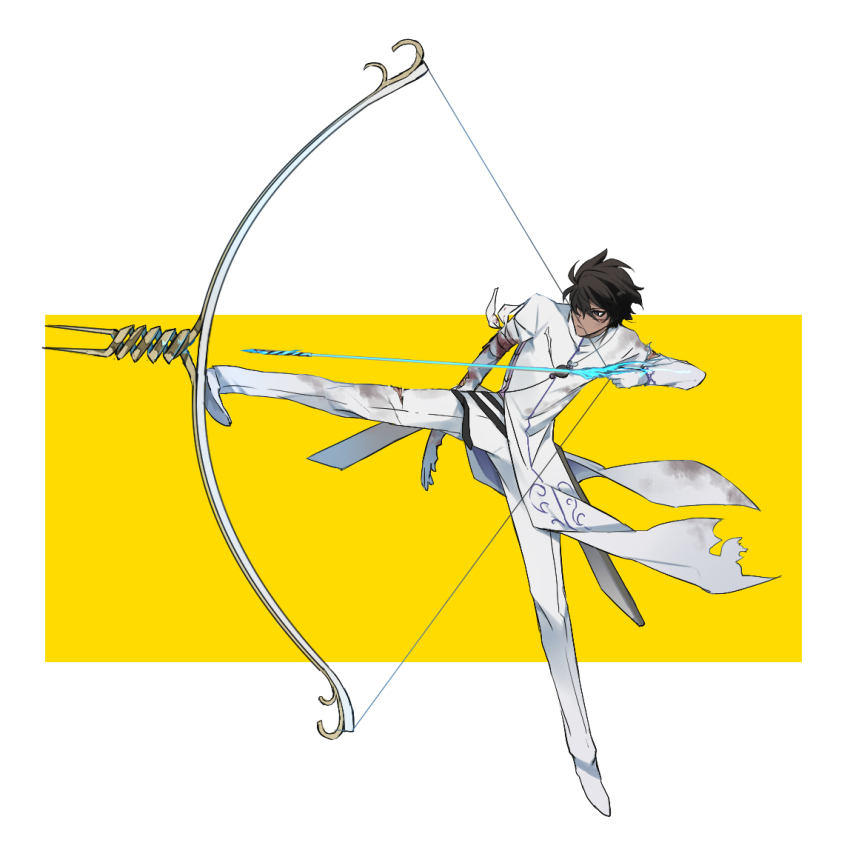 1boy, aiming, arjuna_(fate), arrow_(projectile), bandaged_arm, bandages, black_eyes, black_hair