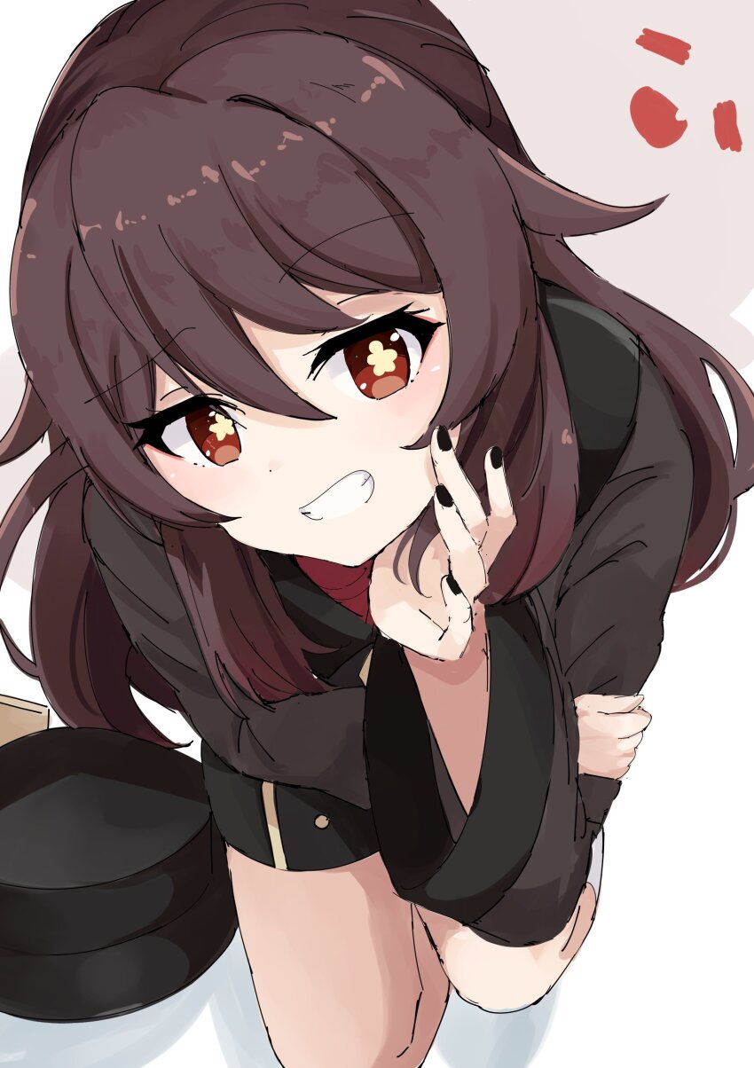 1girl, absurdres, black_nails, black_shorts, boo_tao_(genshin_impact), brown_coat, brown_hair, coat