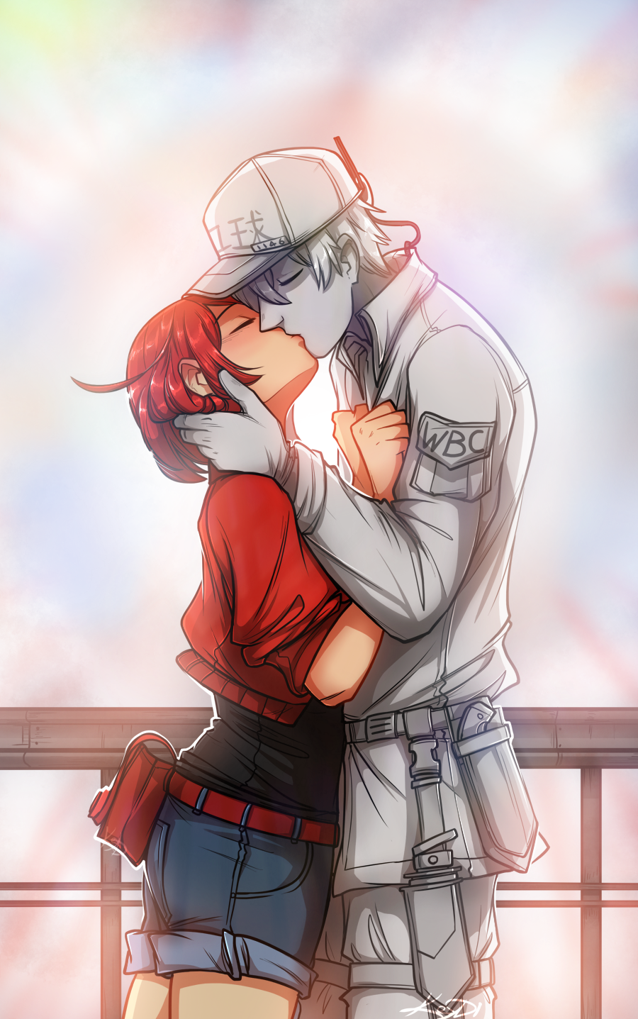 1boy, 1girl, adjusting_another's_hair, ae-3803, ahoge, artist_name, bag, baseball_cap, belt, black_shirt, blue_shorts, blush, bob_cut, closed_eyes, clothes_grab, clothes_writing, colored_skin, combat_knife, commentary, couple, cowboy_shot, cropped_jacket, denim, denim_shorts, dress_shirt, english_commentary, engrish_commentary, face-to-face, fanny_pack, from_side, gloves, grey_belt, hands_on_another's_chest, hands_on_another's_neck, hat, hataraku_saibou, heads_together, headwear_writing, height_difference, hetero, highres, jacket, keydima, kiss, knife, knife_sheath, light_blush, missing_headwear, own_hands_together, pale_skin, pants, railing, red_bag, red_belt, red_blood_cell_(hataraku_saibou), red_hair, red_jacket, sheath, shirt, grabbing_another's_shirt, short_hair, short_shorts, short_sleeves, shorts, signature, t-shirt, u-1146, uniform, weapon, white_background, white_blood_cell_(hataraku_saibou), white_gloves, white_headwear, white_pants, white_shirt, white_skin