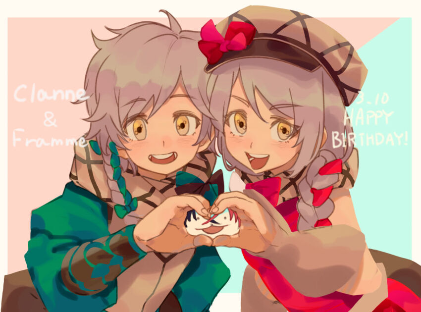 1boy, 1girl, braid, brother_and_sister, clanne_(fire_emblem), fire_emblem, fire_emblem_engage, framme_(fire_emblem), grey_hair, hat, hat_ribbon, heart, heart_hands, heart_hands_duo, jbeixu937jrhdk, long_sleeves, looking_at_viewer, nintendo, open_mouth, ribbon, siblings, smile, twins, yellow_eyes