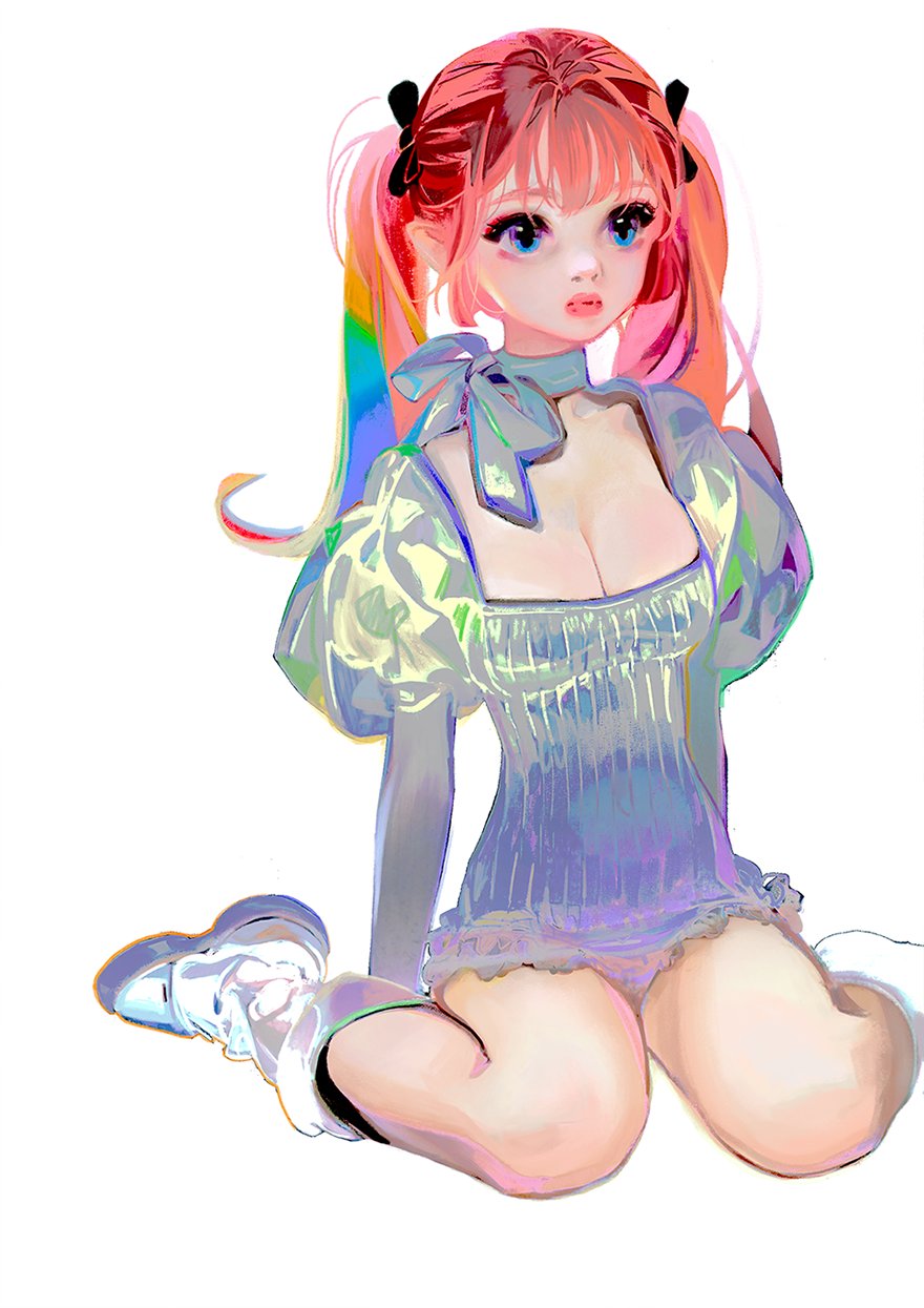 1girl, arm_rest, blue_dress, blue_eyes, breasts, cleavage, closed_mouth, dress, expressionless, full_body, grey_dress, grey_footwear, highres, iridescent_clothes, holographic_footwear, juliet_sleeves, large_breasts, lips, long_hair, long_sleeves, looking_ahead, multicolored_hair, original, pink_hair, puffy_sleeves, ribbed_dress, shiny_clothes, short_dress, simple_background, sitting, solo, twintails, wariza, white_background, yeono0