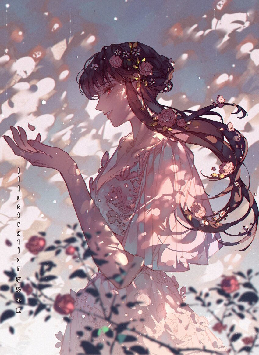 1girl, black_hair, blurry, blurry_foreground, breasts, chaoxibumian, cleavage, collarbone