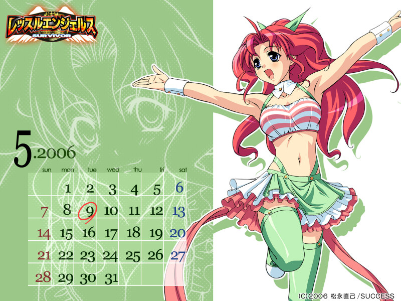 calendar, green_eyes, hair_ribbon, kojima_satomi, long_hair, midriff, red_hair, ribbon
