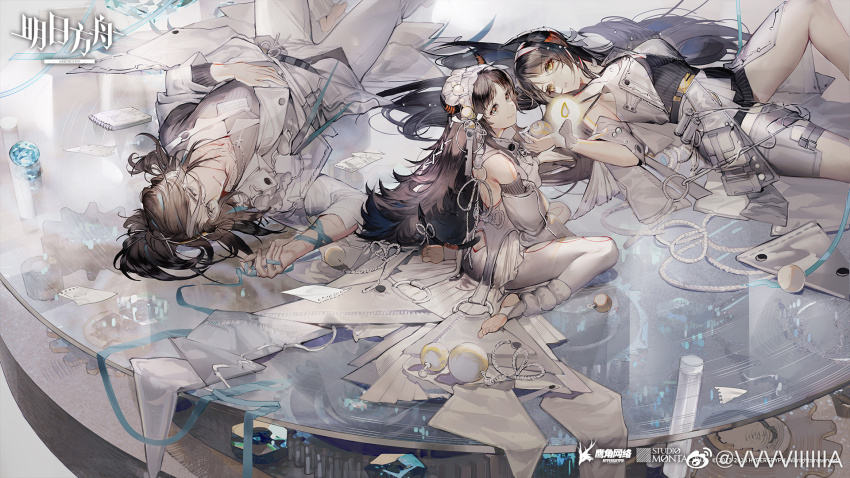 1boy, 2girls, arknights, arm_ribbon, bare_shoulders, barefoot, belt, black_belt, black_hair, black_shirt, black_shorts, blue_gem, blue_ribbon, bodysuit, breasts, brown_eyes, candle, closed_mouth, copyright_name, copyright_notice, creator_connection, demon_tail, detached_sleeves, eboda-x, feet_out_of_frame, floating, floating_object, full_body, gears, gem, glass, glasses, grey_eyes, grey_shirt, hair_between_eyes, hairband, hand_on_own_stomach, highres, horns, ines_(arknights), jacket, jewelry, lolita_hairband, long_hair, looking_at_viewer, looking_back, lying, medium_hair, multiple_girls, necklace, notepad, o-ring, off_shoulder, official_art, on_back, pants, paprika_(arknights), parted_bangs, parted_lips, pinstripe_pattern, pinstripe_shirt, pinstripe_shorts, pouch, ribbon, shirt, short_shorts, shorts, sitting, sleeveless, sleeveless_bodysuit, sleeveless_jacket, sleeveless_shirt, small_breasts, smile, stirrup_legwear, striped_clothes, striped_shorts, tail, thigh_pouch, toeless_legwear, totter_(arknights), waist_cape, wariza, white_bodysuit, white_jacket, white_pants, yellow_eyes