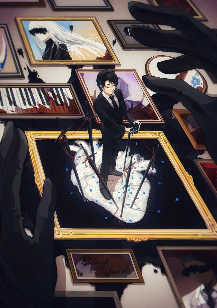 1boy, absurdres, angelica_(project_moon), astolfo_(project_moon), black_blood, black_footwear, black_gloves, black_hair