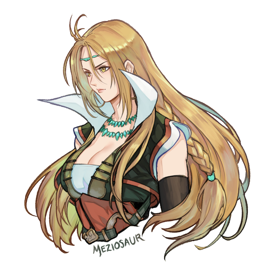 1girl, artist_name, blonde_hair, braid, breasts, circlet, cleavage, cleavage_cutout