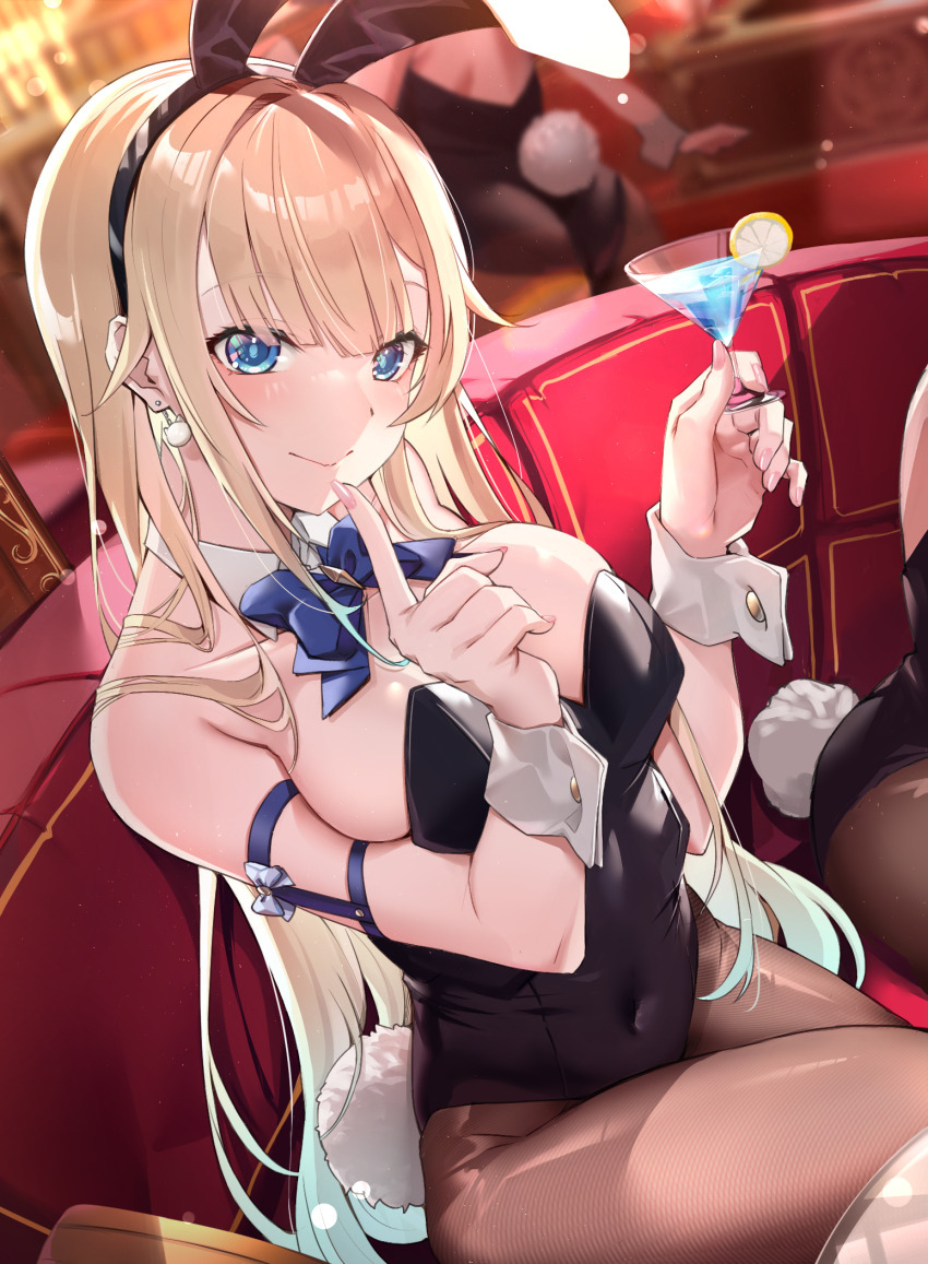 1girl, aizawa_ema, animal_ears, bare_shoulders, black_leotard, black_pantyhose, blonde_hair, blue_bow