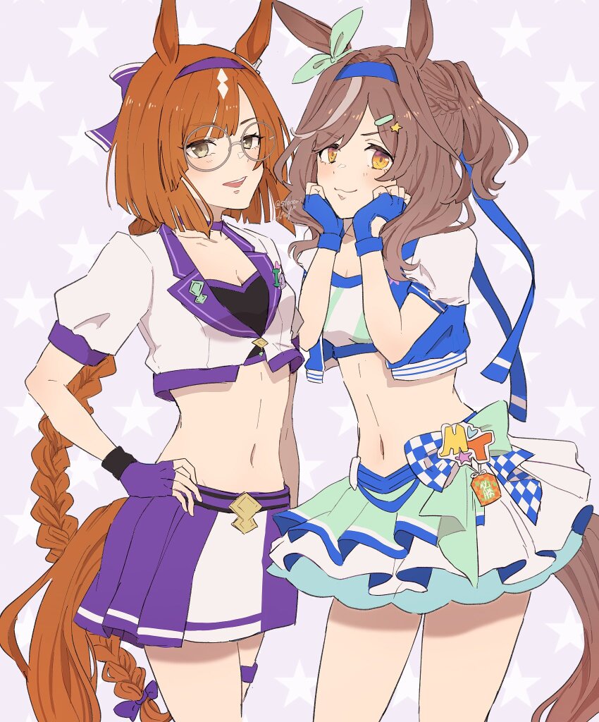 2girls, :d, blue_gloves, blue_headband, breasts, brown_hair, cleavage, cowboy_shot, crop_top, daizu_(senriandsigure), fingerless_gloves, gloves, hair_ornament, hairclip, headband, highres, ikuno_dictus_(arrived_scenery)_(umamusume), ikuno_dictus_(umamusume), looking_at_viewer, matikanetannhauser_(blue_turbulence)_(umamusume), midriff, multicolored_hair, multiple_girls, navel, official_alternate_costume, official_alternate_hairstyle, open_mouth, ponytail, purple_gloves, purple_headband, purple_skirt, skirt, small_breasts, smile, star_(symbol), streaked_hair, umamusume, yellow_eyes
