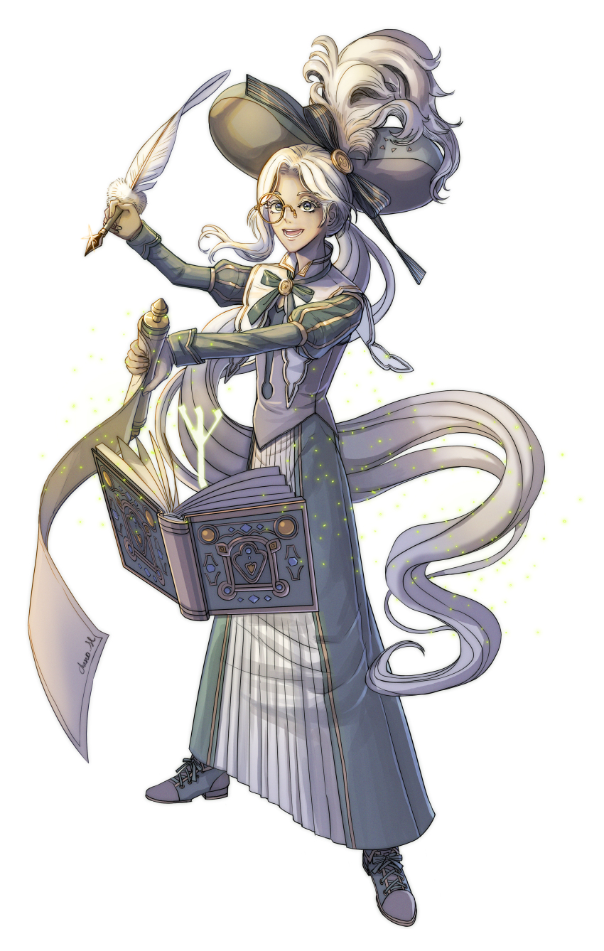 1boy, :d, absurdres, black_shoes, book, chenovellia, cookie_run, cookie_run:_kingdom, corset, cross-laced_footwear, dark-skinned_male, dark_skin, eclair_cookie, floating, floating_book, floating_object, green_eyes, green_hat, green_ribbon, green_robe, hat, hat_feather, highres, holding, holding_quill, holding_scroll, humanization, juliet_sleeves, legs_apart, long_hair, long_sleeves, low_ponytail, male_focus, monocle, neck_ribbon, open_book, open_mouth, parted_bangs, ponytail, puff_and_slash_sleeves, puffy_sleeves, quill, ribbon, robe, scroll, shoes, simple_background, smile, solo, standing, very_long_hair, white_background, white_hair