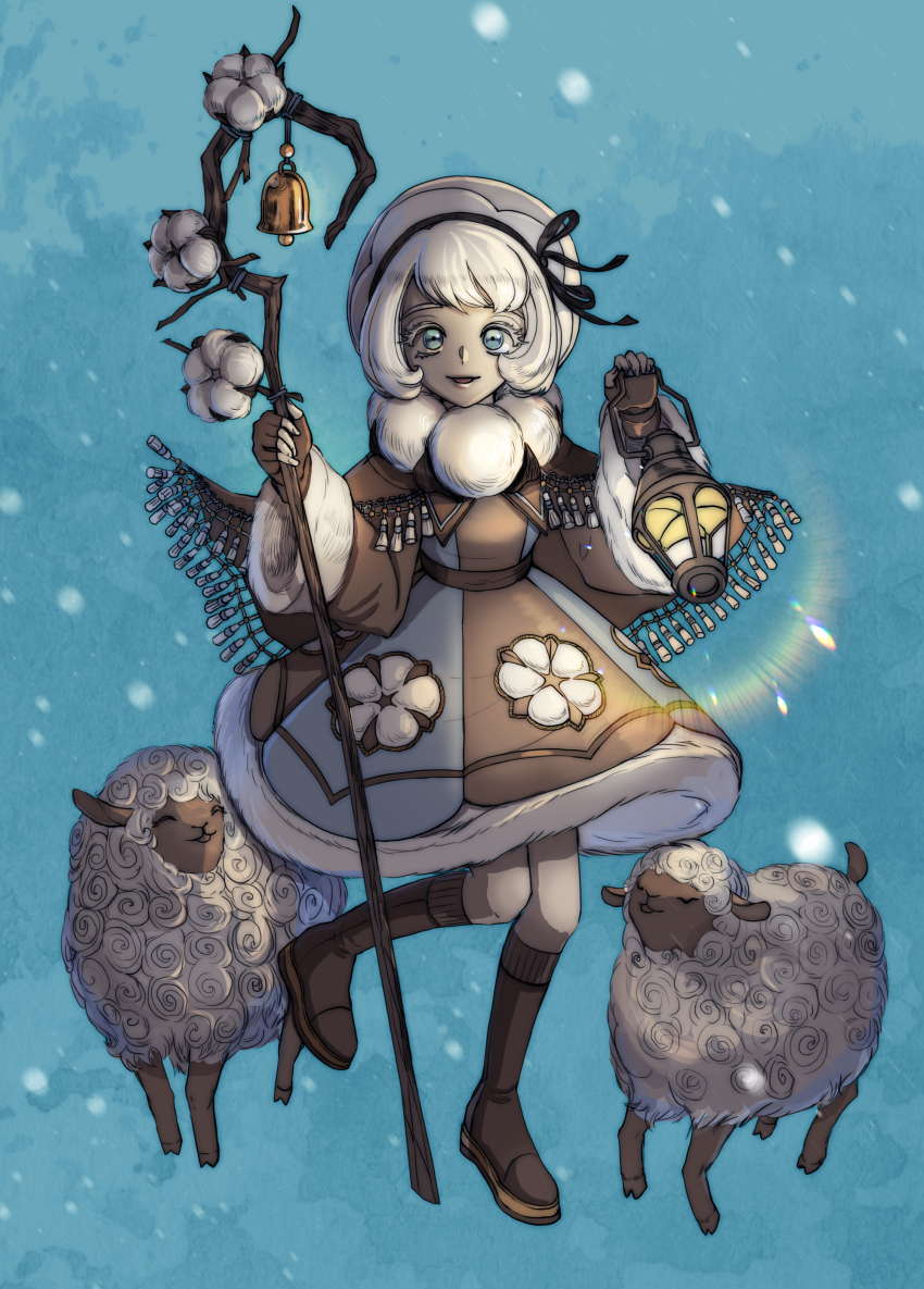 1girl, absurdres, bell, black_ribbon, blue_background, blue_eyes, boots, brown_boots