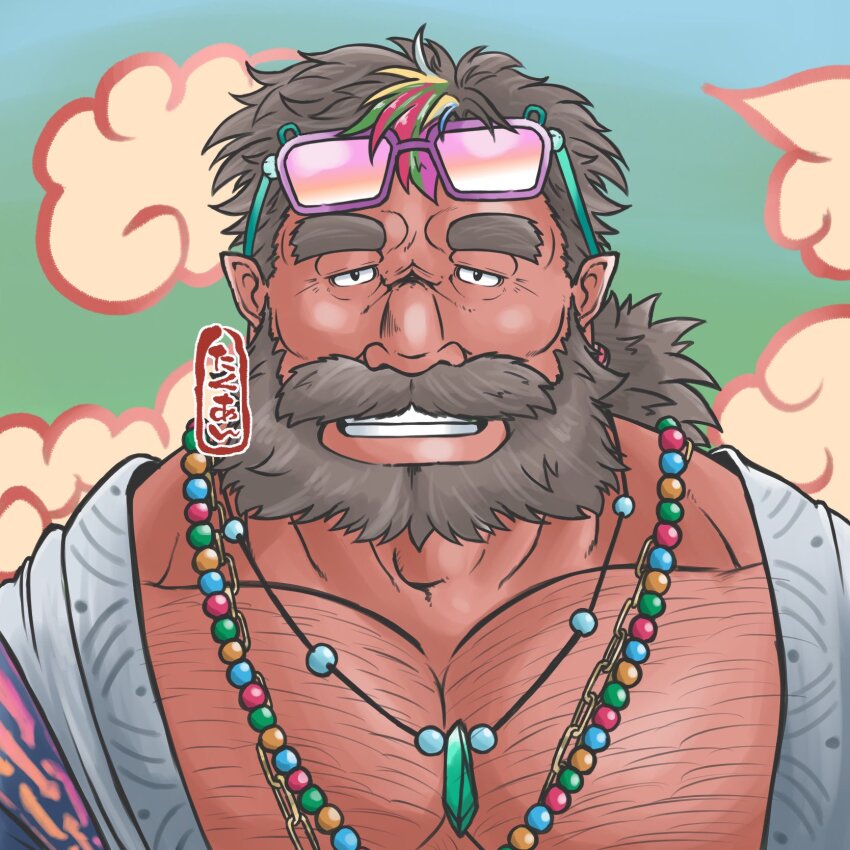 1boy, bara, beard, chain, chain_necklace, chest_hair, dark-skinned_male, dark_skin, eyewear_on_head, facial_hair, gem, grey_hair, hairy, highres, japanese_clothes, jewelry, judi_(housamo), kimono, large_pectorals, looking_at_viewer, low_ponytail, male_focus, mature_male, multiple_necklaces, muscular, muscular_male, mustache, necklace, old, old_man, open_clothes, open_kimono, pectoral_cleavage, pectorals, ponytail, portrait, seductive_smile, short_hair, smile, solo, sunglasses, taku-ang, thick_eyebrows, tokyo_houkago_summoners, wrinkled_skin
