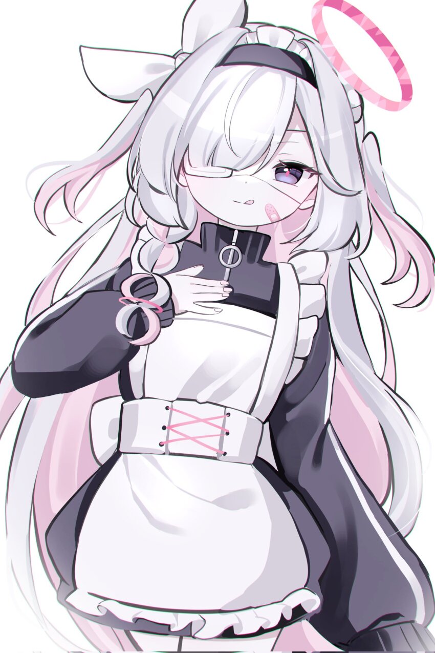 1girl, :p, alternate_costume, apron, blue_archive, blue_eyes, commentary_request, enmaided, eyepatch, grey_hair, hair_ornament, headband, highres, jacket, jersey_maid, long_hair, looking_at_viewer, maid, maid_headdress, plana_(blue_archive), redblack_2468, simple_background, solo, tongue, tongue_out, unconventional_maid, white_background