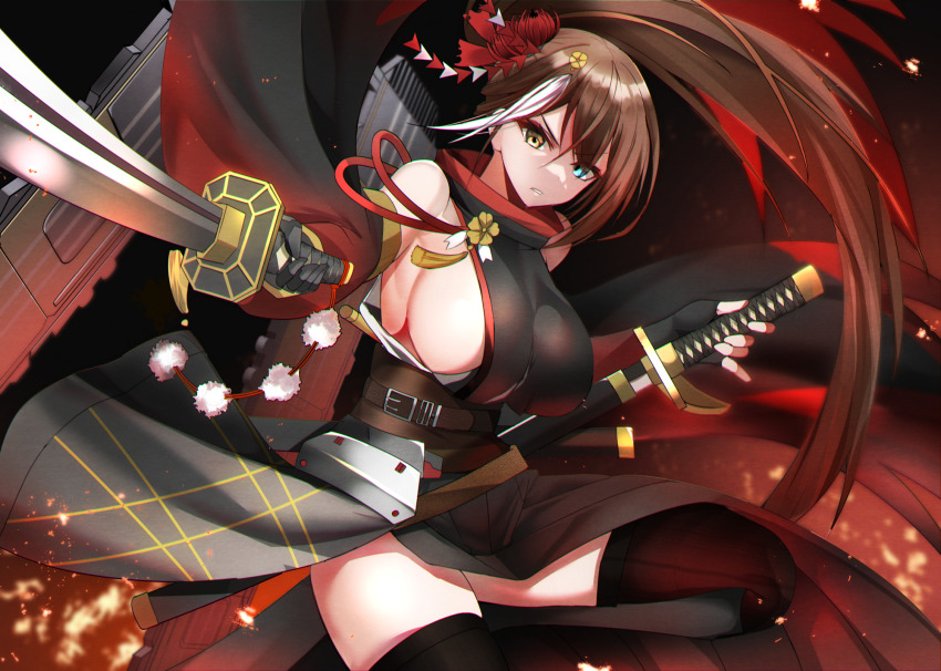 1girl, azur_lane, bare_shoulders, belt, black_gloves, black_kimono, black_thighhighs, blue_eyes, breasts, brown_belt, brown_hair, commentary_request, cowboy_shot, dual_wielding, fingerless_gloves, flight_deck, floating_hair, gloves, hair_between_eyes, hair_ornament, heterochromia, high_ponytail, highres, holding, holding_sword, holding_weapon, ishida_katsuzane, japanese_clothes, kanzashi, kimono, large_breasts, long_hair, looking_at_viewer, multicolored_hair, parted_lips, ponytail, rigging, sheath, sheathed, sideboob, single_fingerless_glove, skindentation, sleeveless, sleeveless_kimono, solo, standing, standing_on_one_leg, streaked_hair, sword, thighhighs, tsumami_kanzashi, two-tone_hair, very_long_hair, weapon, white_hair, yellow_eyes, zettai_ryouiki, zuikaku_(azur_lane)