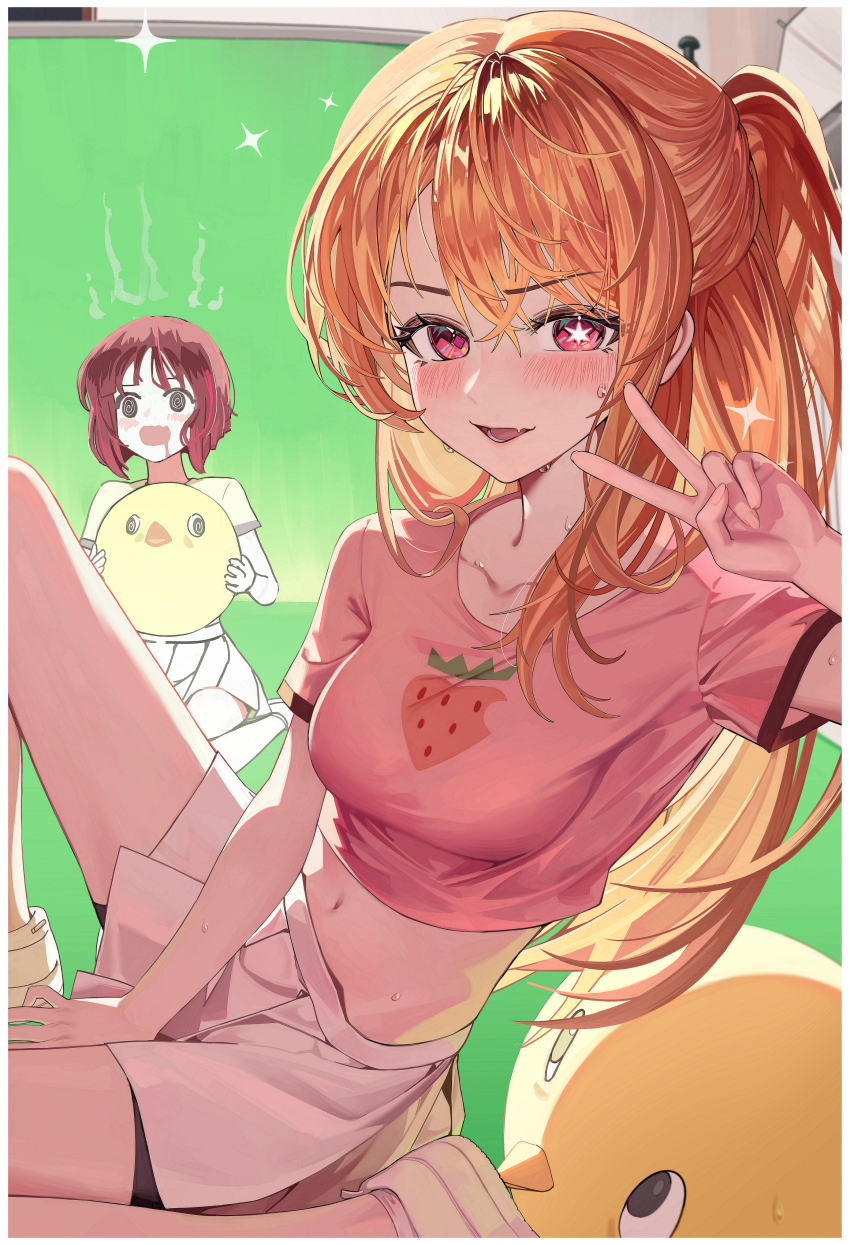 2girls, @_@, absurdres, arima_kana, bike_shorts, bird_mask, blonde_hair, blush, bob_cut, commentary, cropped_shirt, drooling, food_print, fruit_print, hair_between_eyes, highres, hoshino_ruby, inverted_bob, klakmon, long_hair, mask, midriff, miniskirt, mismatched_pupils, mouth_drool, multiple_girls, navel, one_side_up, oshi_no_ko, pieyon, pink_eyes, pink_shirt, pleated_skirt, red_hair, shirt, short_hair, shorts, shorts_under_skirt, sidelocks, skirt, star-shaped_pupils, star_(symbol), strawberry_print, sweat, symbol-shaped_pupils, v, white_skirt, yellow_shirt