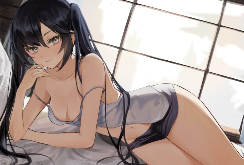 1girl, alternate_costume, alternate_eye_color, bare_shoulders, bed_sheet, black_hair, breasts, camisole, closed_mouth, collarbone, genshin_impact, grey_eyes, highres, long_hair, looking_at_viewer, maya_(gpmp3825), medium_breasts, mona_(genshin_impact), navel, short_shorts, shorts, smile, solo, strap_slip, thighs, twintails, window