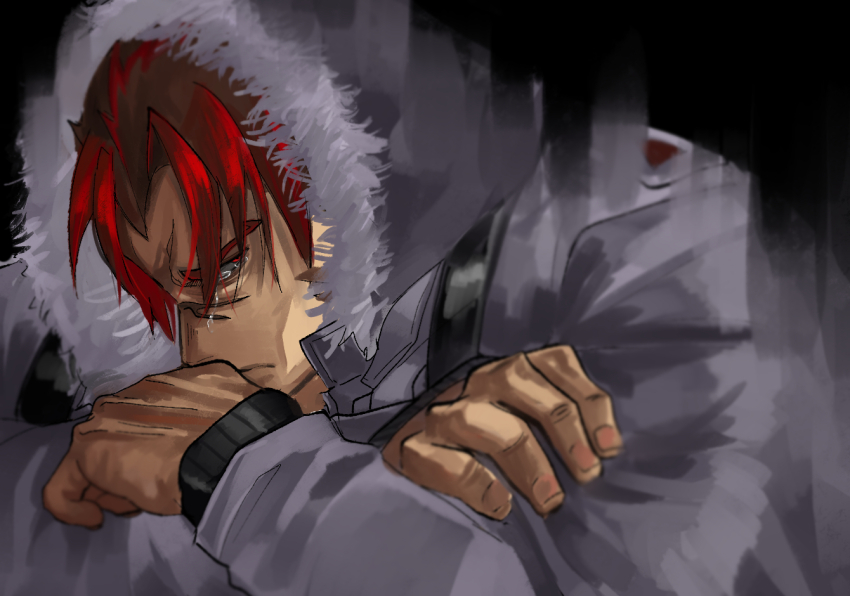 1boy, akashi_(alter)_(live_a_hero), bara, crying, hands_up, hood, hood_up, itaru_(kidomh63)