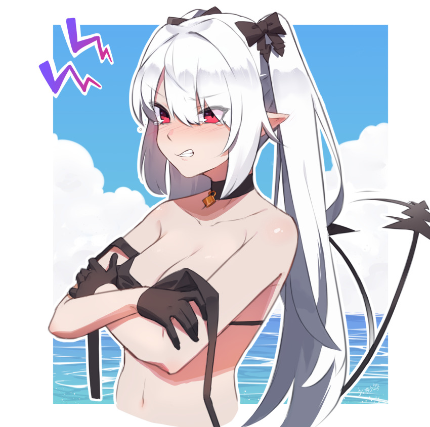 1girl, angry, berudora, bikini, black_bikini, black_bra, black_gloves, blue_archive