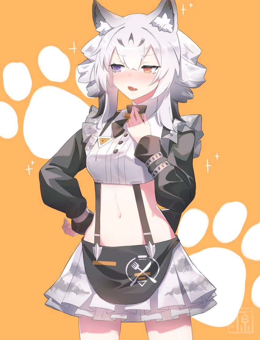 1girl, absurdres, animal_ear_fluff, animal_ears, apron, berudora, black_sleeves, blush