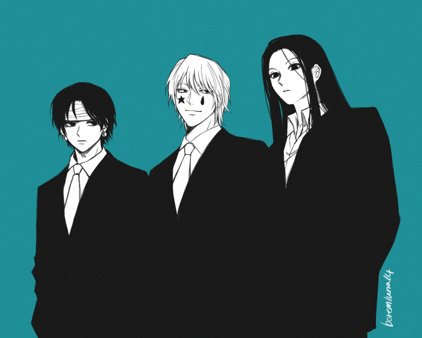 3boys, b_luna14, bandaged_hand, bandages, black_eyes, black_hair, black_suit, blue_background