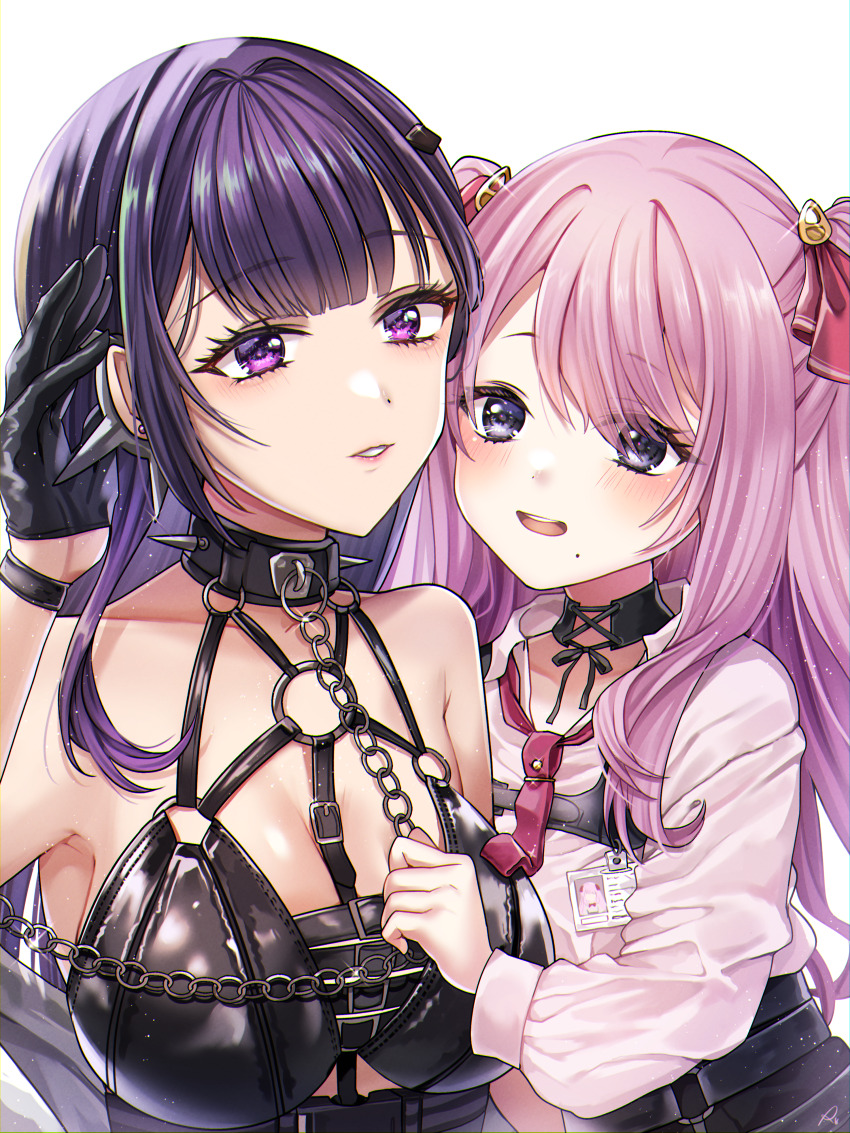 2girls, :d, absurdres, bare_shoulders, bdsm, belt, bikini, black_belt, black_bikini, black_choker, black_gloves, blunt_bangs, breasts, chain, chain_leash, chest_harness, choker, cleavage, coat, collar, collarbone, collared_shirt, commentary_request, ear_piercing, femdom, glint, gloves, goddess_of_victory:_nikke, hair_between_eyes, hair_ribbon, hand_up, harness, high-waist_shorts, highres, holding, holding_leash, id_card, large_breasts, leash, leather_bikini, light_blush, loli, long_hair, long_sleeves, looking_at_viewer, mihara_(nikke), mole, mole_under_mouth, multiple_girls, necktie, o-ring, o-ring_harness, o-ring_top, off_shoulder, open_mouth, parted_lips, piercing, pink_hair, purple_eyes, purple_hair, red_necktie, red_ribbon, ribbon, rokico, shirt, shirt_tucked_in, short_necktie, shorts, sidelocks, signature, simple_background, slave, small_breasts, smile, spiked_collar, spikes, swept_bangs, swimsuit, teeth, twintails, upper_body, upper_teeth_only, white_background, white_coat, white_shirt, yuni_(nikke)