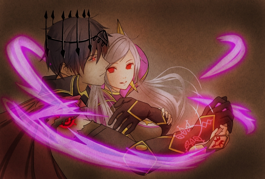 1boy, 1girl, arm_tattoo, aura, blue_hair, chrom_(fell_exalt)_(fire_emblem), chrom_(fire_emblem), crown, dark_blue_hair, female_robin_(fire_emblem), female_robin_(grima)_(fell_tactician)_(fire_emblem), female_robin_(grima)_(fire_emblem), fire_emblem, fire_emblem_awakening, fire_emblem_cipher, fire_emblem_heroes, glowing, glowing_eyes, grey_hair, grima_(fire_emblem), hand_tattoo, highres, hug, hug_from_behind, moverabbit0305, nintendo, official_alternate_costume, pale_skin, red_eyes, tattoo, upper_body